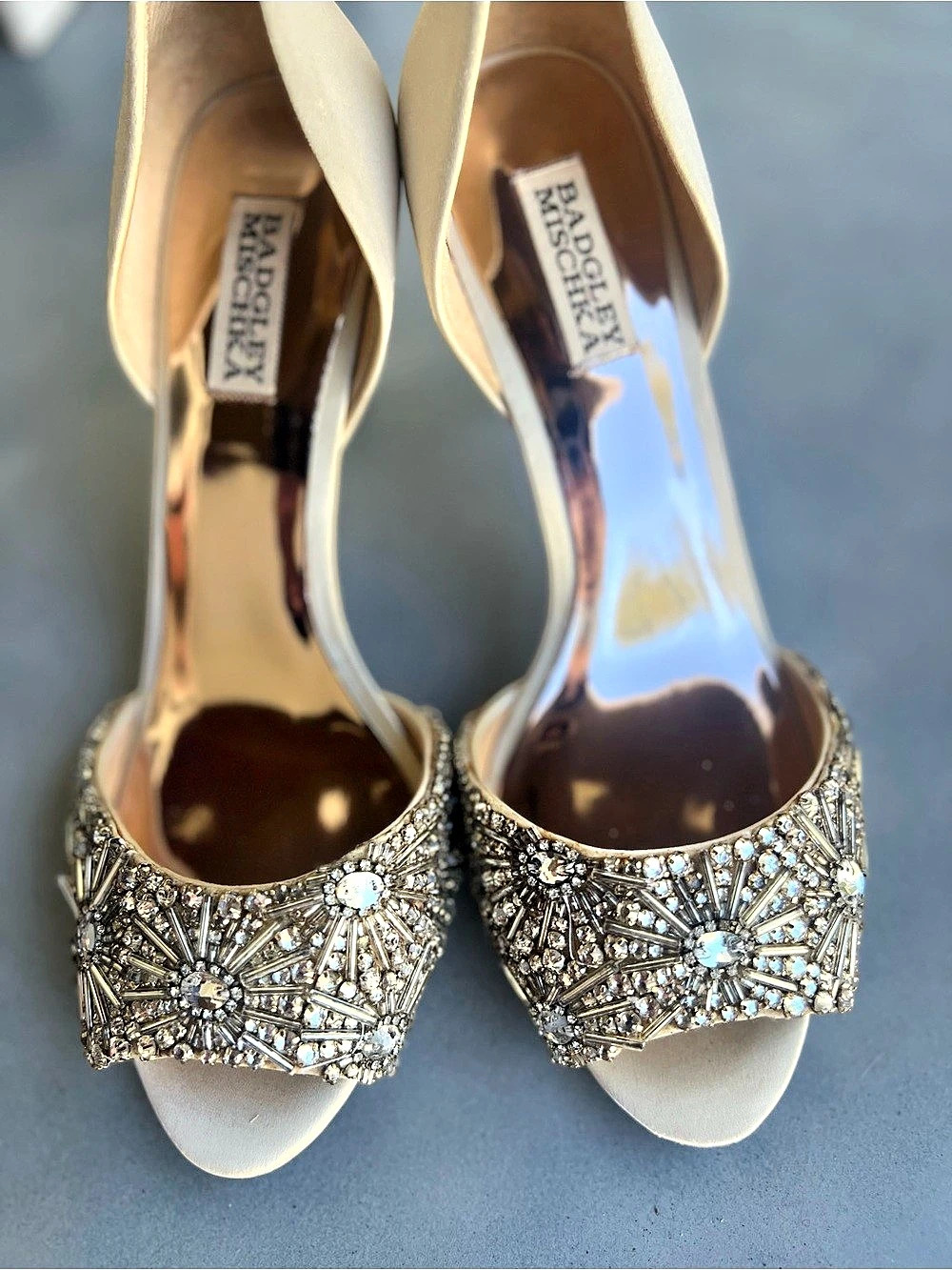 Badgley Mischka Kiara Embellished Peep-Toe Pumps in Beige & Silver - Picture 2 of 9